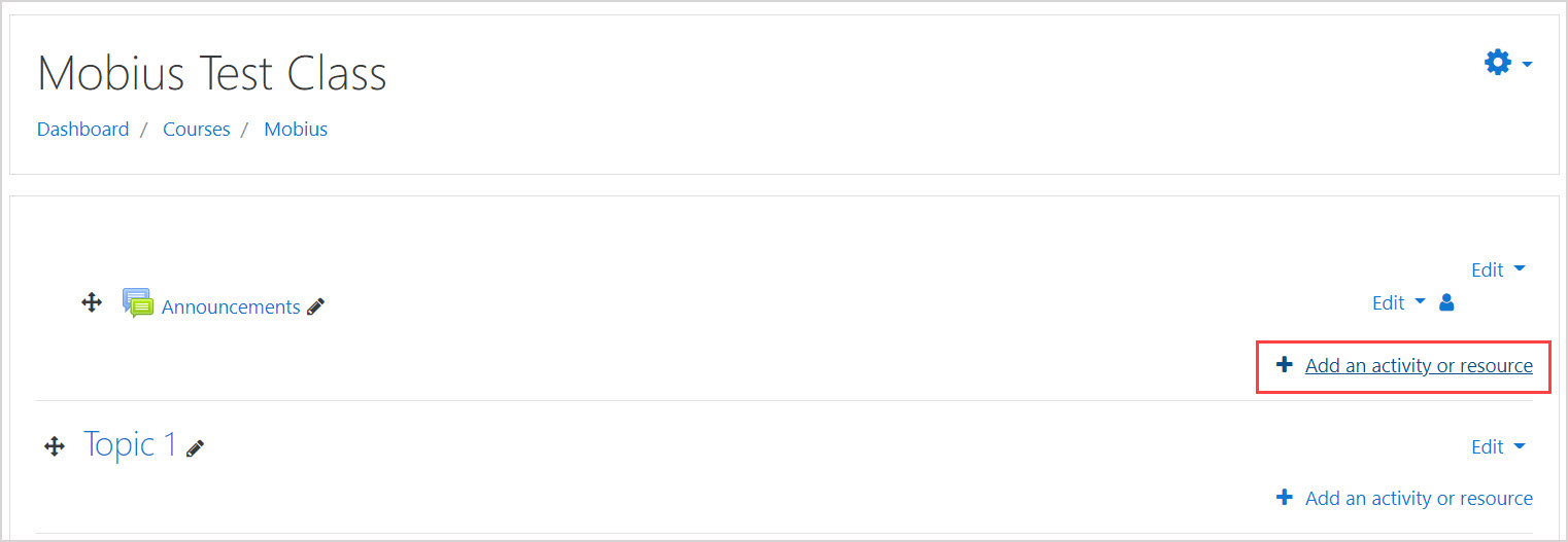 In a Moodle Class, the Add an activity or resource link is highlighted.